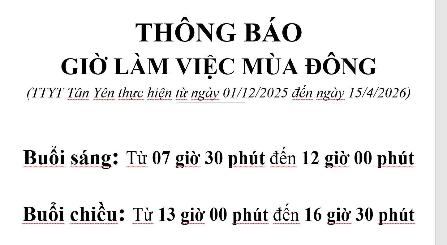 Thông báo giờ làm việc mùa đông của TTYT Tân Yên
