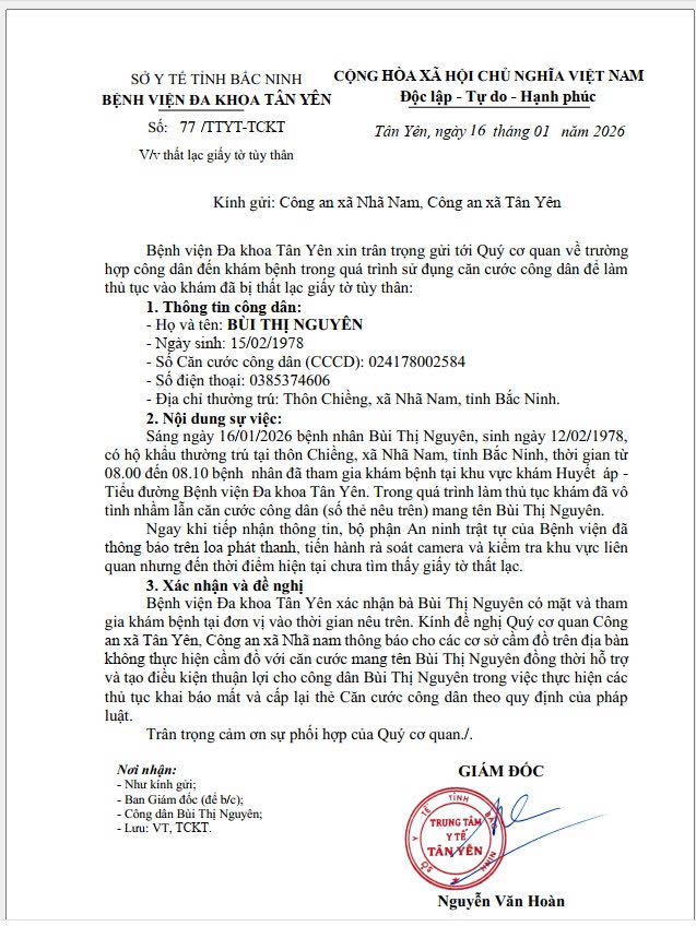 Thông báo thất lạc giấy tờ tùy thân